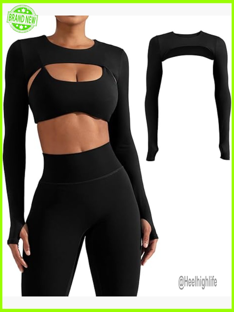 Long Sleeve Crop Top Bolero Open Front Workout Sports Shrug Thumb Hole